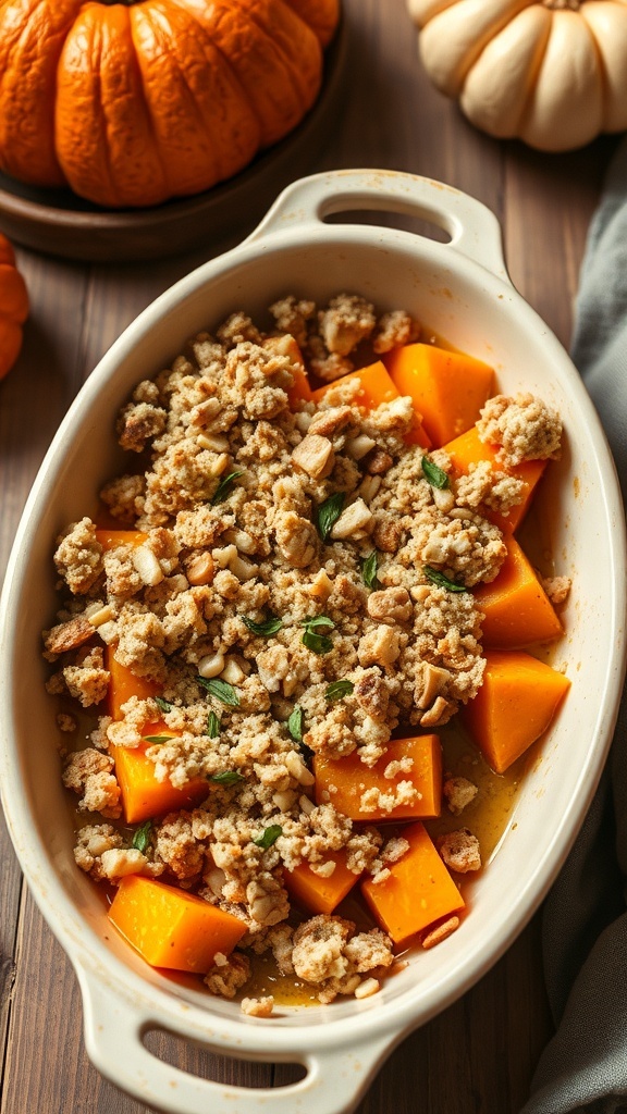 Savory pumpkin crumble with roasted pumpkin and crunchy topping in a rustic baking dish.